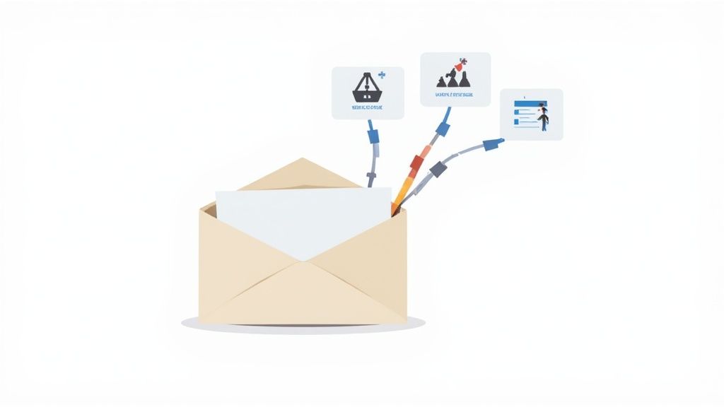 An open mail envelope with colorful cables connecting to three icons representing sales, market expansion, and customer engagement.